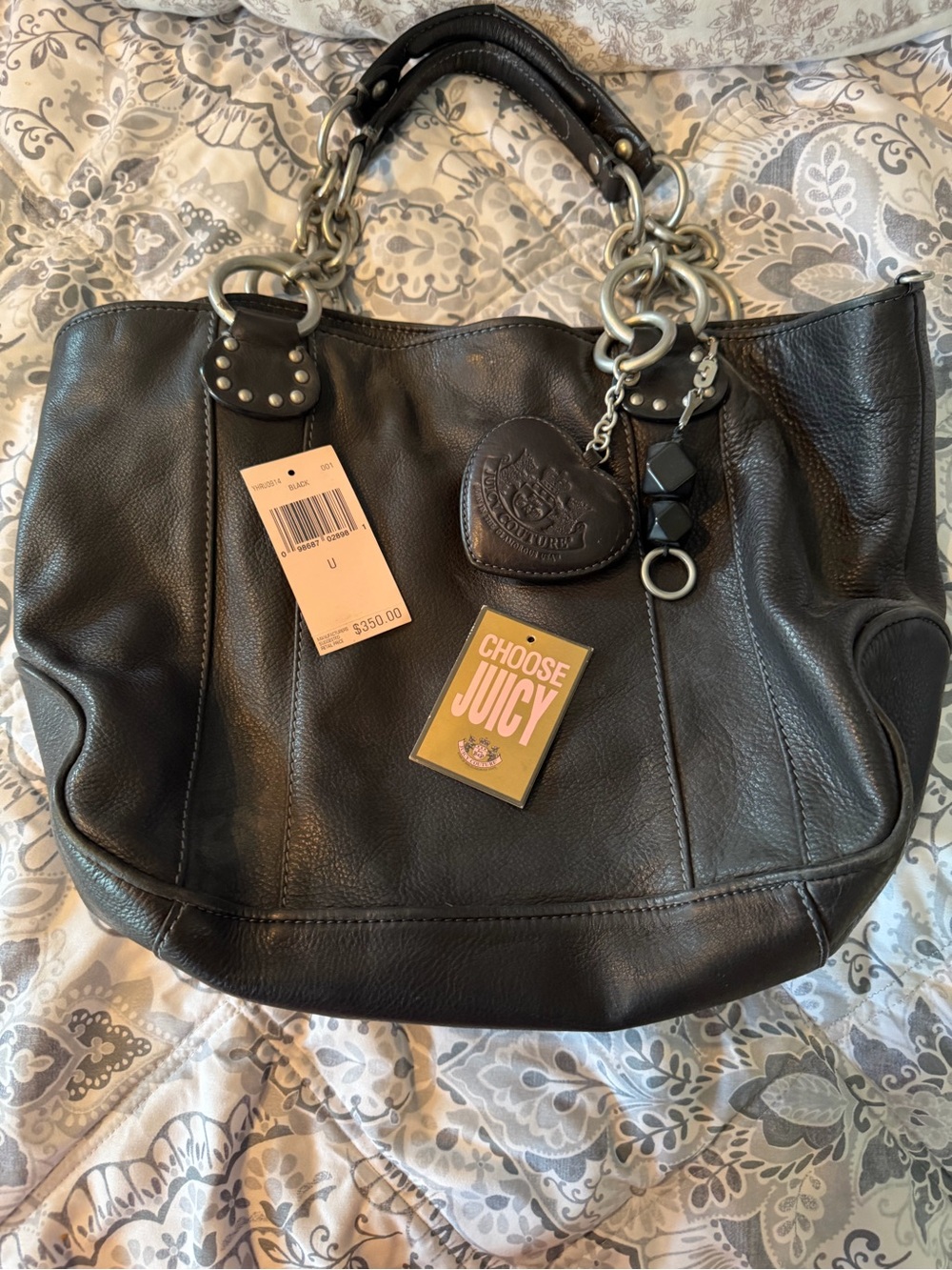Juicy Couture Black Pebbled Leather Tote with Charm Accents